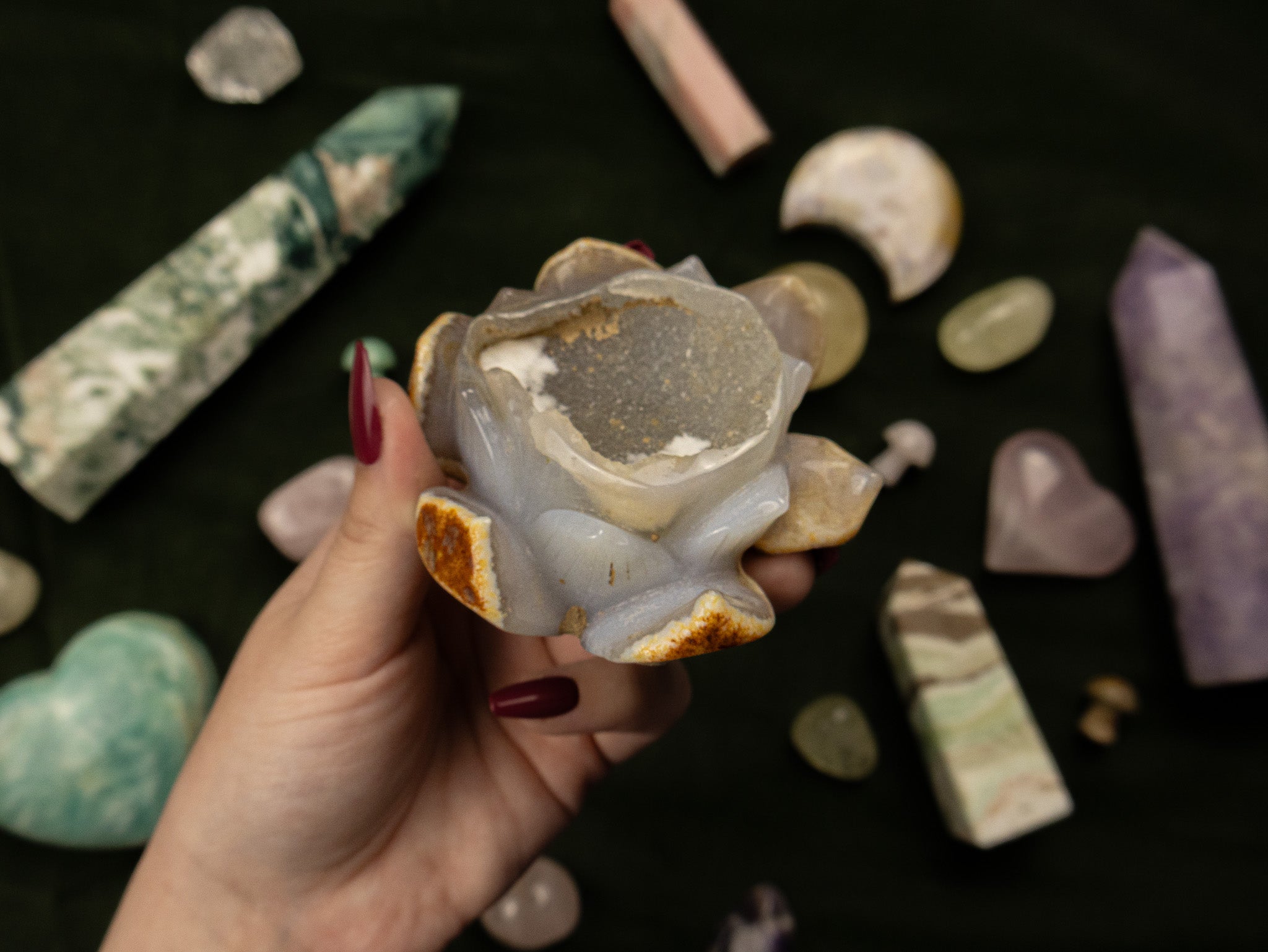 Agate and Chalcedony Lotus Flower Carving