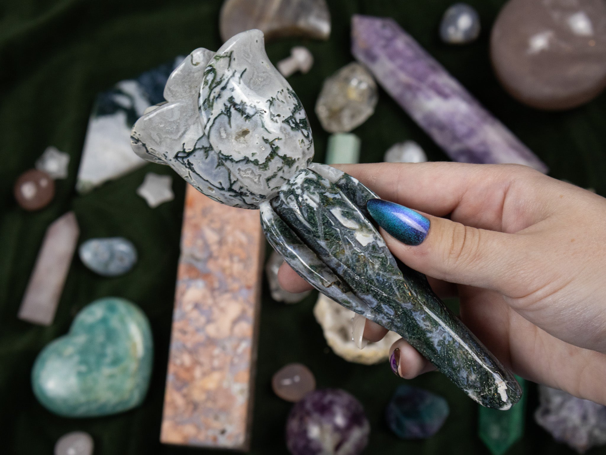 Moss Agate Rose Carving