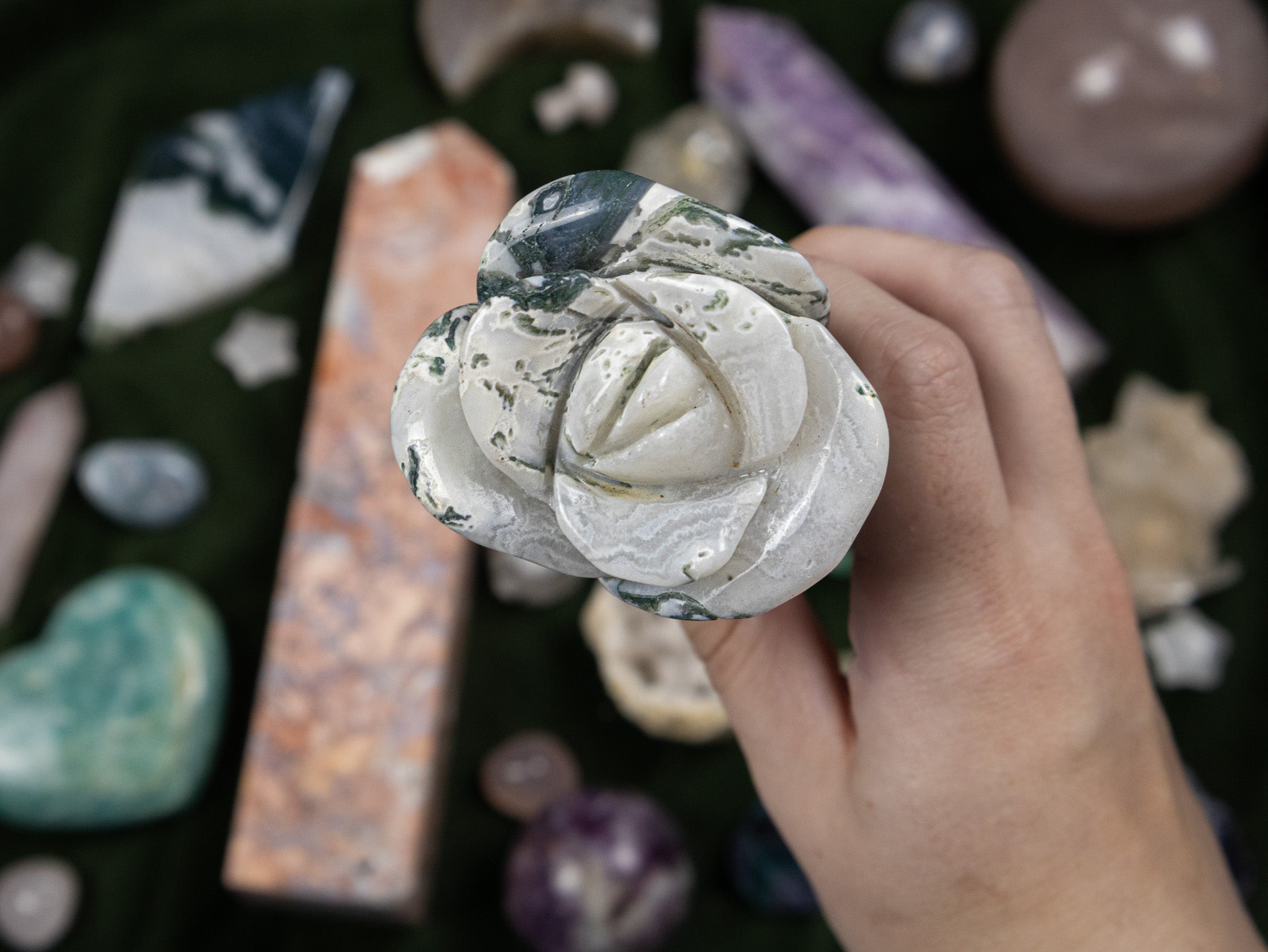 Moss Agate Rose Carving